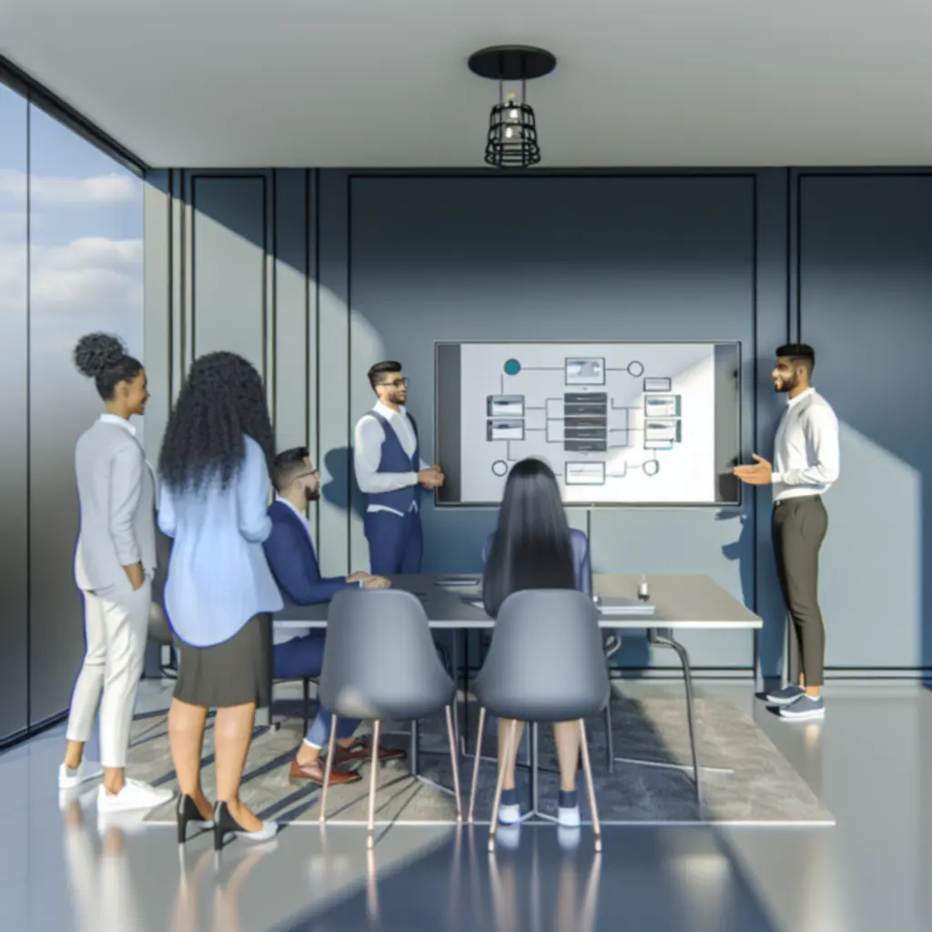 Sesja strategiczna z klientem w nowoczesnym biurze przy mapie cyfrowej transformacji