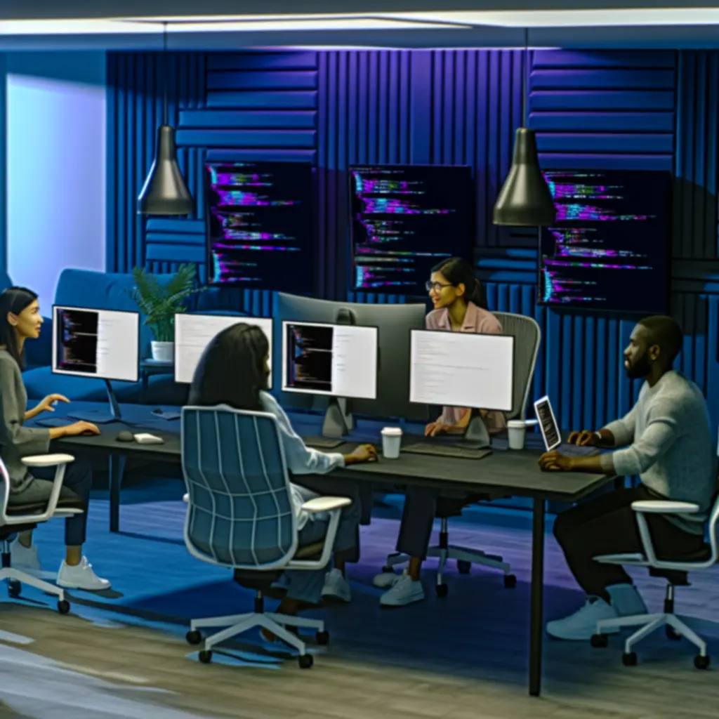 Zespół programistów podczas warsztatów projektowych przy whiteboardzie z architekturą systemu