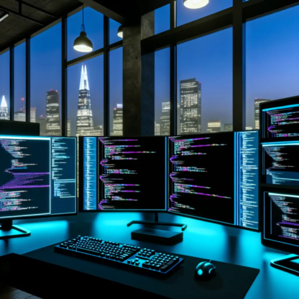 Nowoczesne środowisko pracy programistycznej prezentujące innowacyjne studio CodeMotionHub