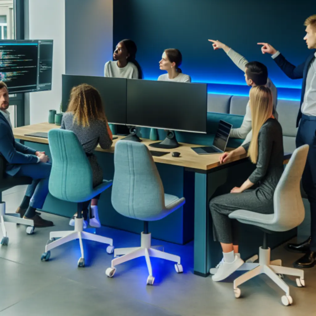 Zespół CodeMotionHub współpracujący nad projektem w nowoczesnym biurze